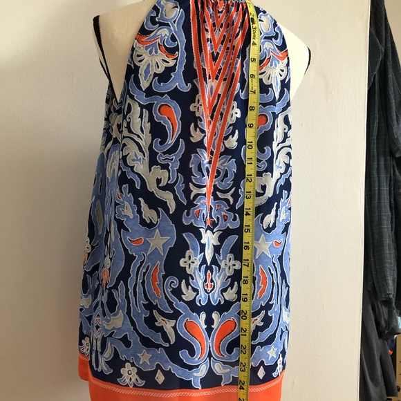 Rose & Olive summer pullover top, blue & orange, size small. Tassel tie in front - Picture 2 of 6